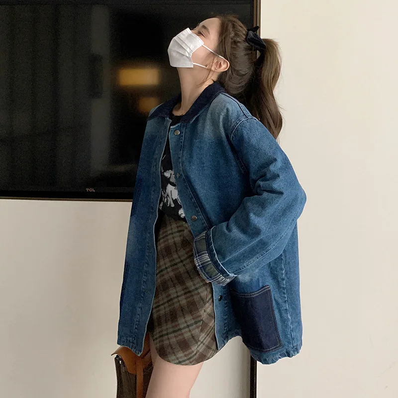 Jean Jacket for Women Plaid Splicing Reversible Denim Coat Spring and Fall Fashion Trend Retro Korean Loose Washed Jacket Tops