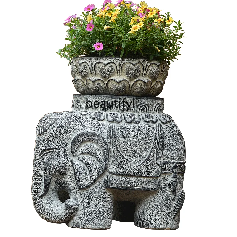 

zqCement Elephant Flower Pot Vintage Animal Creative Villa Planter Doorway Decoration Art Flower Bed Ornaments