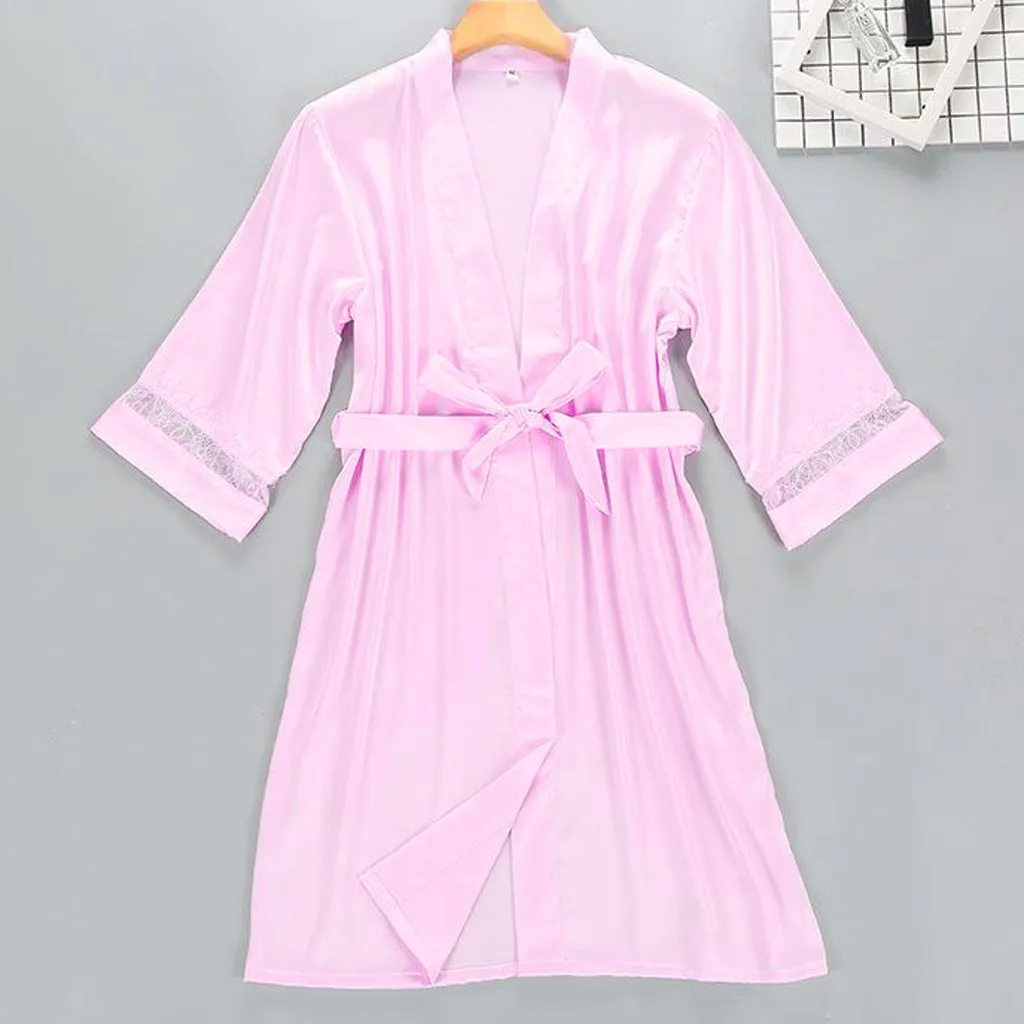 2 Piece Set Pajamas Women Silk Robe Kimono Lace Trim Night Dress Bridesmaid Satin Sexy Lingerie Summer Bathrobe Sleepwear 20Jan pajama sets,sleepwear sets,women bathrobe,women lingerie sets