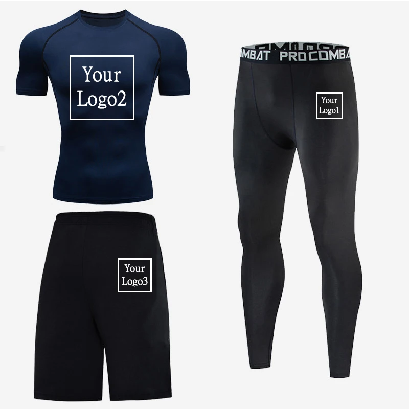 Customer Logo Print Men's Running Tracksuit Training Fitness Sportswear Set Compression Leggings Sport Clothes Gym Sweatpants