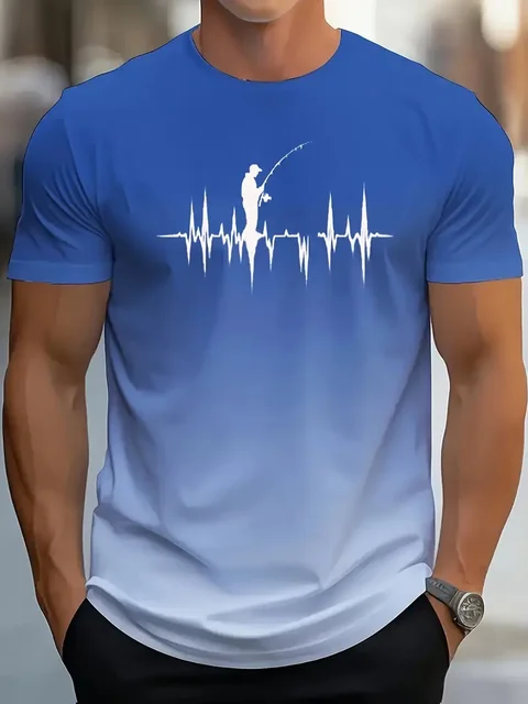New Men's Casual Gradient Fishing Pattern 3D Print Short Sleeve T-shirt Summer Breathable Sports Outdoor Fishing Enthusiasts Top 1