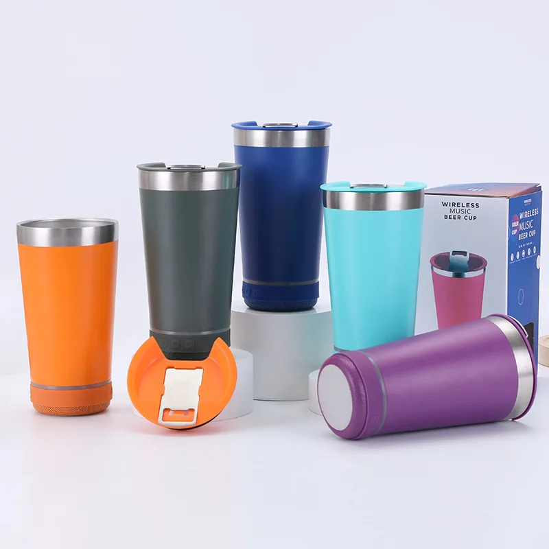 Creative Bluetooth Speaker Steel Vacuum Coffee Cup 16oz 450ml Double Wall Ice Cooler Car Coffee Home Beer Vacuum Flask