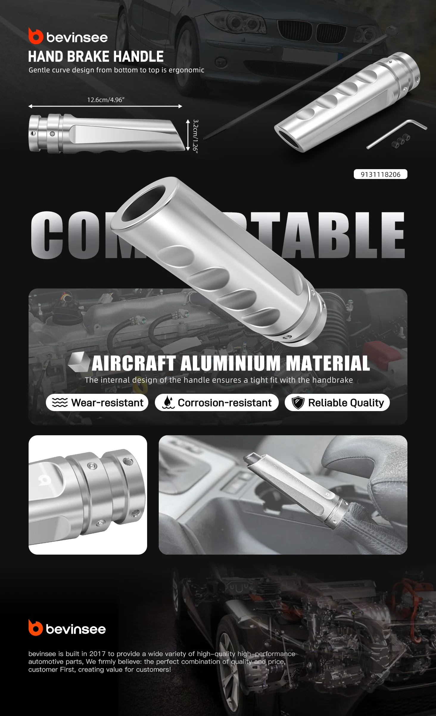 BEVINSEE Handbremshebel aus Billet-Aluminium für BMW E46 E90 E36 E39 E60 F30 E53 E70 E92 E83 E61 E87 E81 E82 X3 X5 X6 E34 Z3 M3 M5 – Detail 1