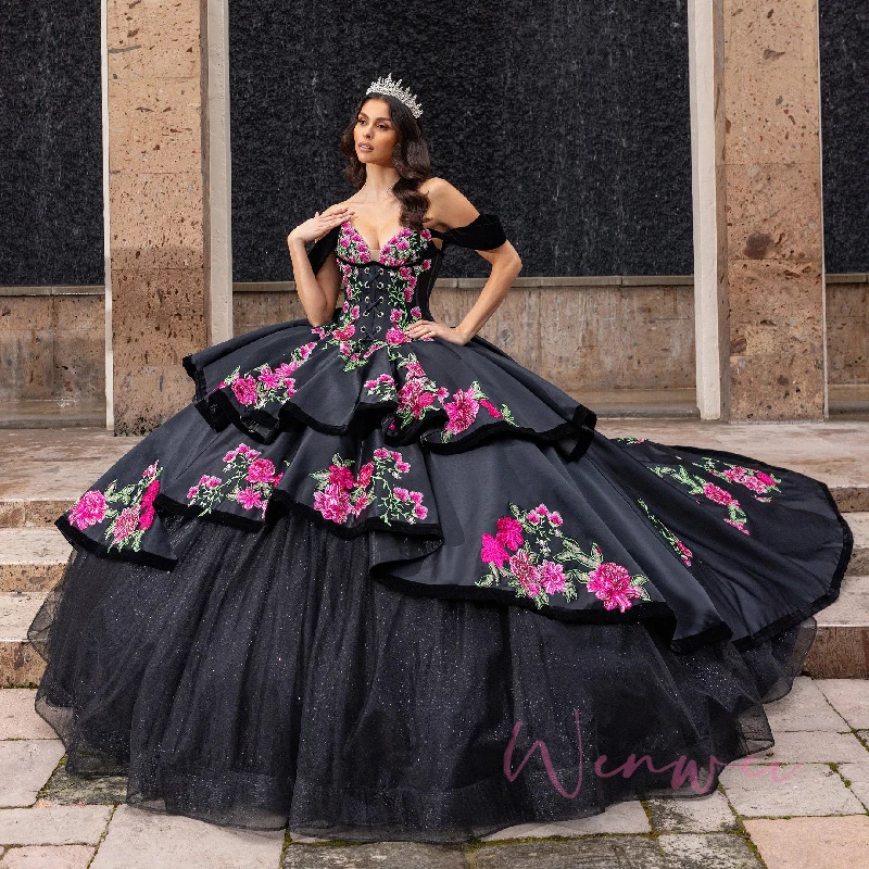 Black Quinceanera Dresses Sparkly Lace 3D Floral Appliques Ball Gowns Sweet  16 | eBay