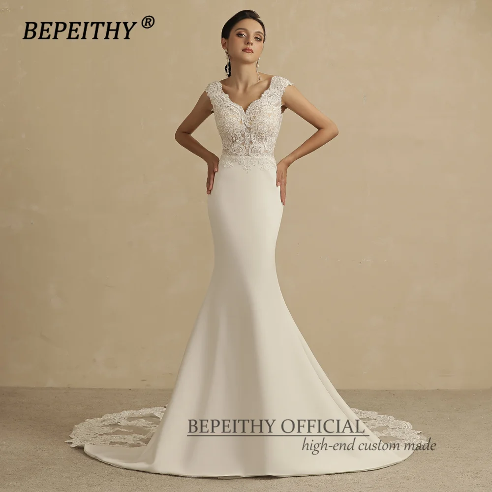 BEPEITHY Customized V Neck Mermaid Wedding Party Dress Sleeveless Court Train Vintage Boho Bridal Gown For Women Online Shopping 6