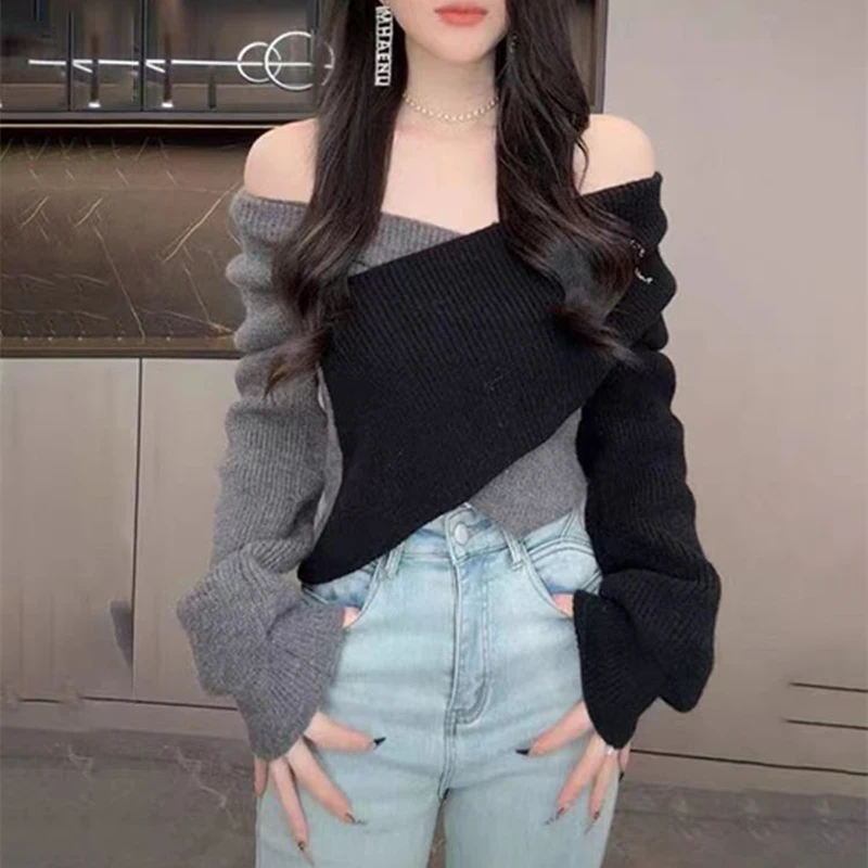 Autumn New Women's Long-sleeved V-neck Sweater Fashionable Off-the-shoulder Cross-color Matching Slim-fitting Knitted Top