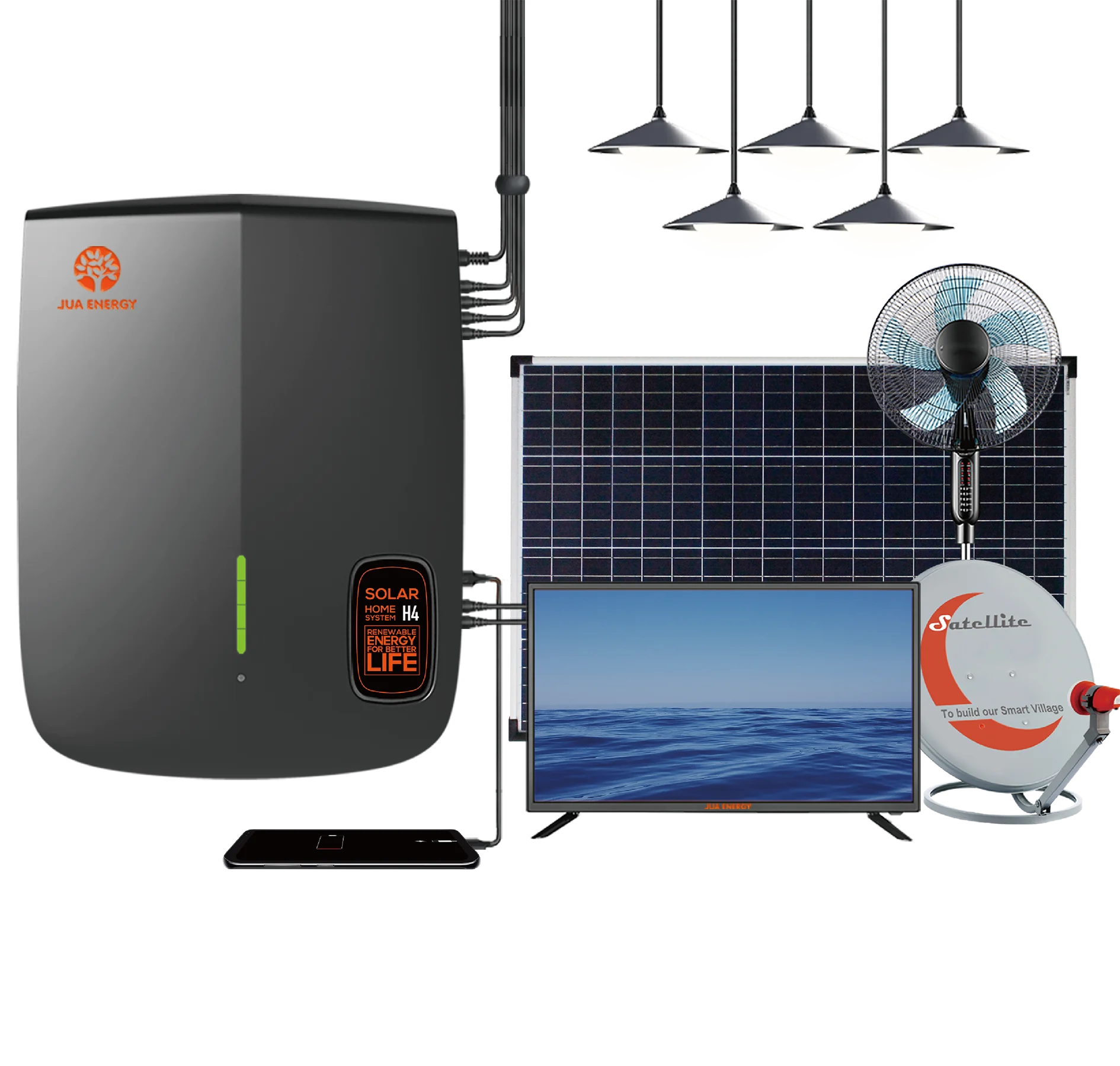 

JUA Energy 12V DC Solar Fan Solar Power TV 32 Inch Rechargeable LED Indoor Lighting Solar Power System for Africa Rural Power