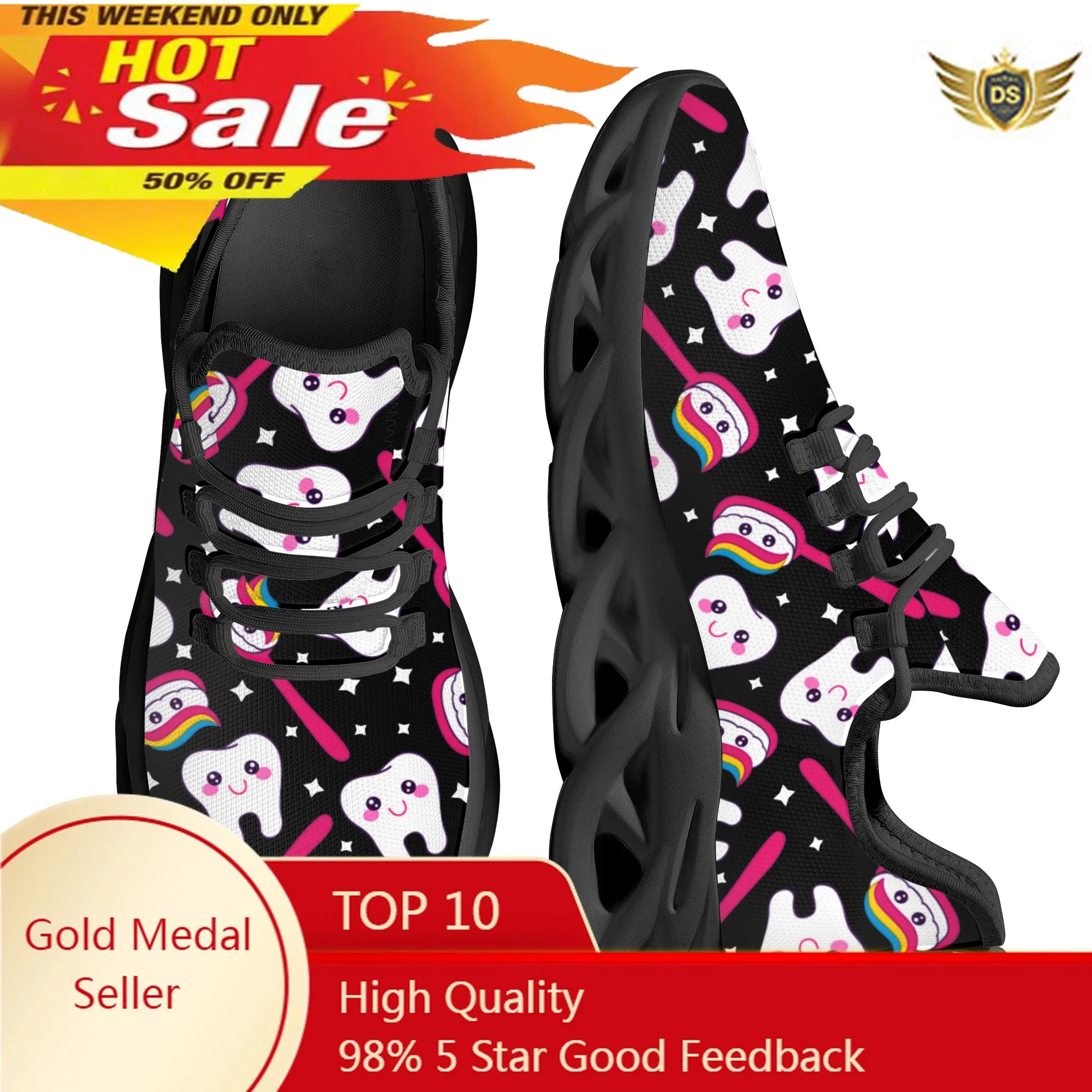 Cute Cartoon Teeth Design Brand Platform Blade Shoes Summer Breathable Knitted Dental Medical Flats Casual Sneakers