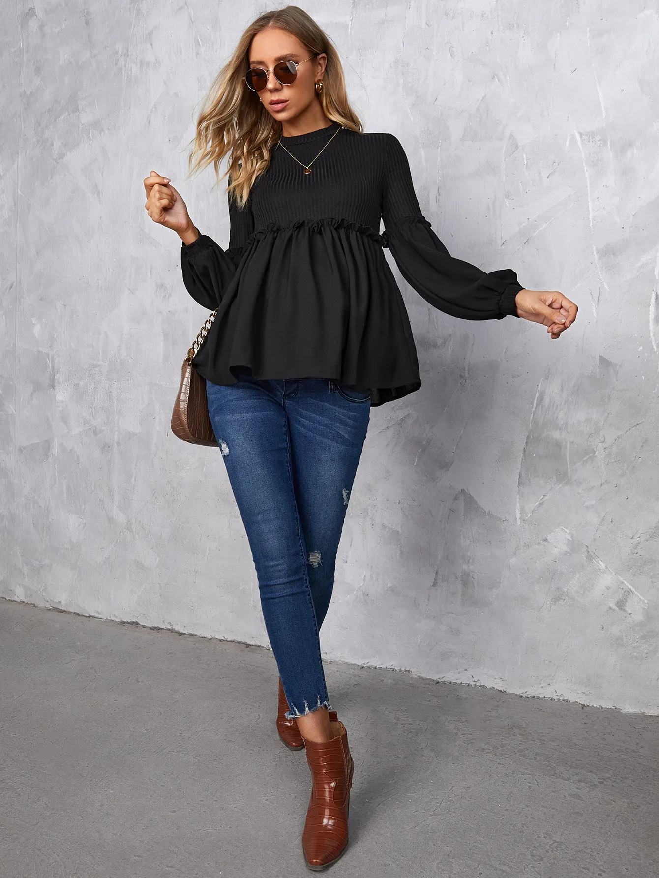 Women's Maternity Solid Pullover Patchwork Slim Fit Textured Tops, Pregnant Women's Clothing
