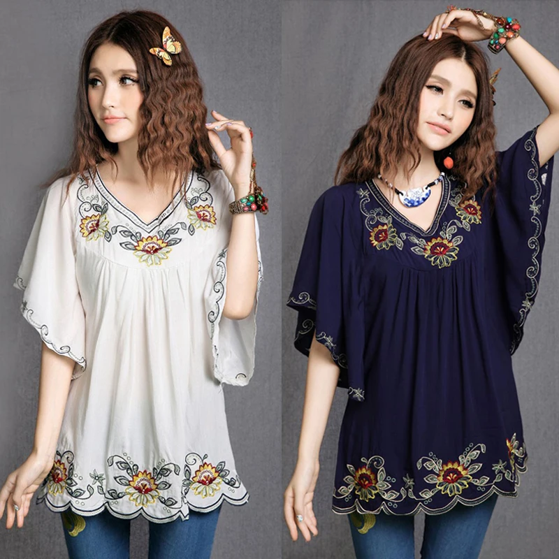 2022 Women Cotton Tops Clothes Vintage Mexican Ethnic Floral Embroidery Batwing Loose Casual Boho Tunic Blouse Blusa Mujer