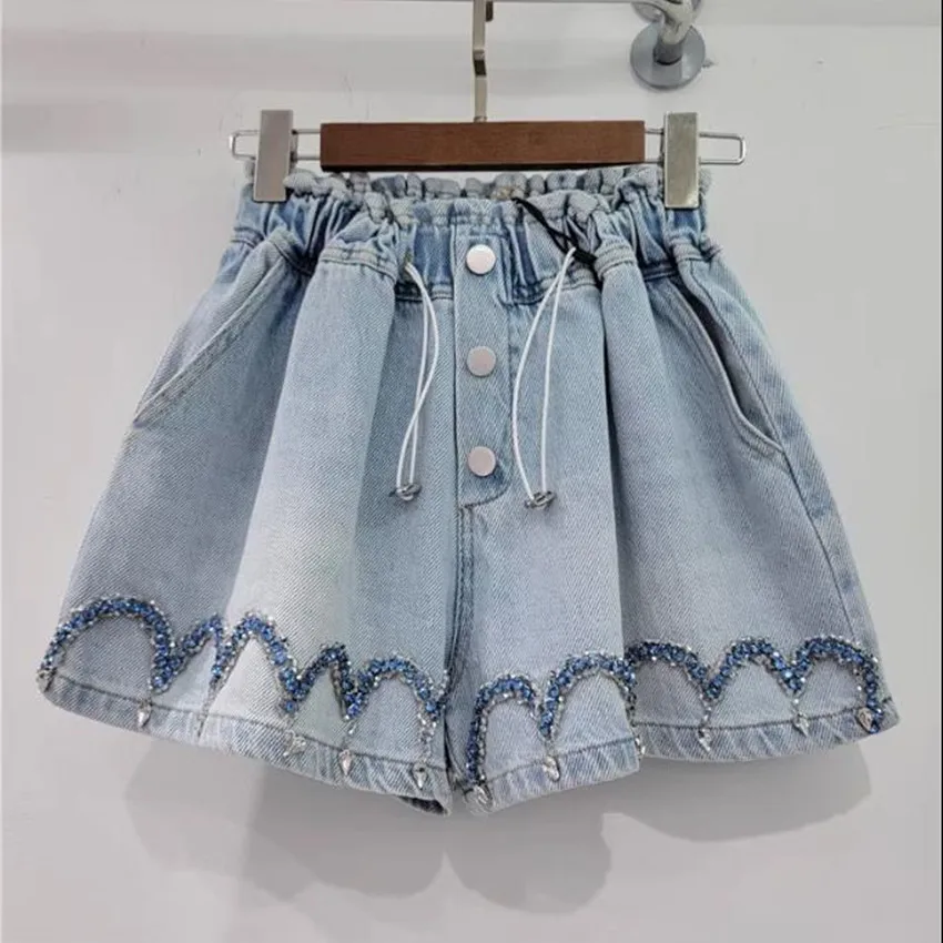 

Fashion Summer Beading Sequined Denim Shorts Women Loose