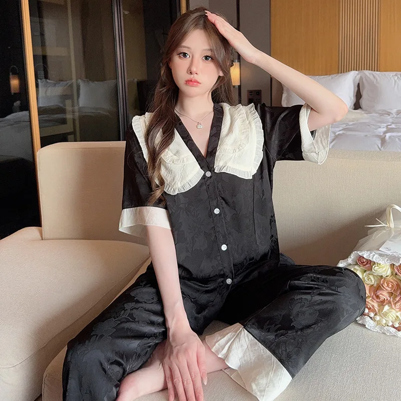Jacquard Ice Silk Sleepwear Women Silk Pajama Sets Short Sleeve Summer Nightwear Loungewear Set Thin Lace Kawaii Clothes Pajamas