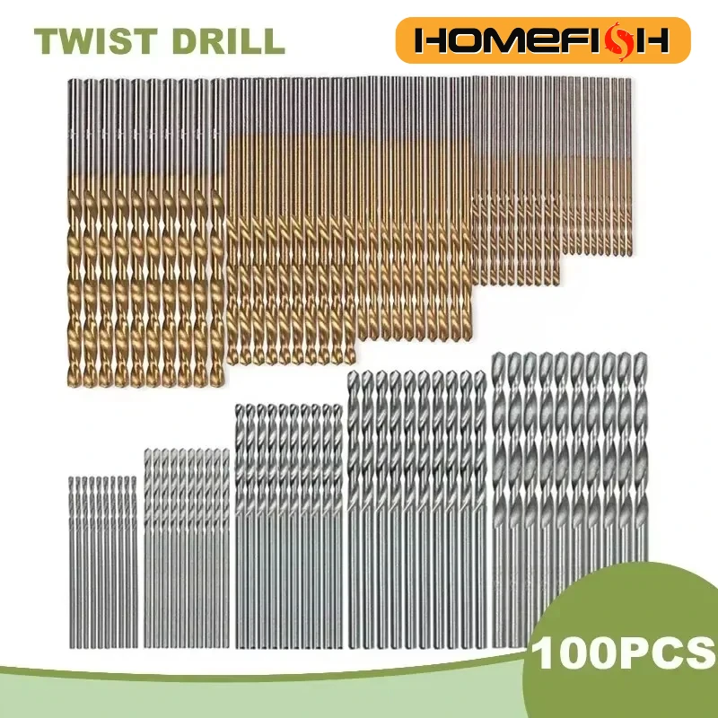 100 peças conjunto de brocas helicoidais 1-3mm titânio banhado para madeira metal mão broca elétrica