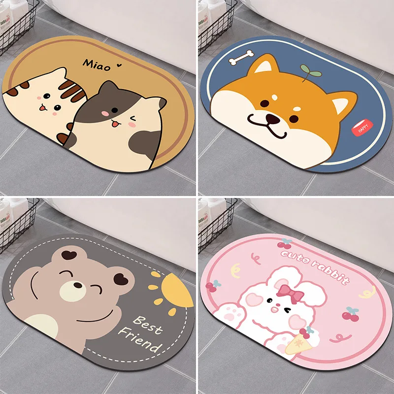 

Cute Cartoon Bathroom Absorbent Pad Carpet Oval Diatom Mud Water Absorbent Bathroom Mat Quick Drying Non-slip Toilet Floor Mats