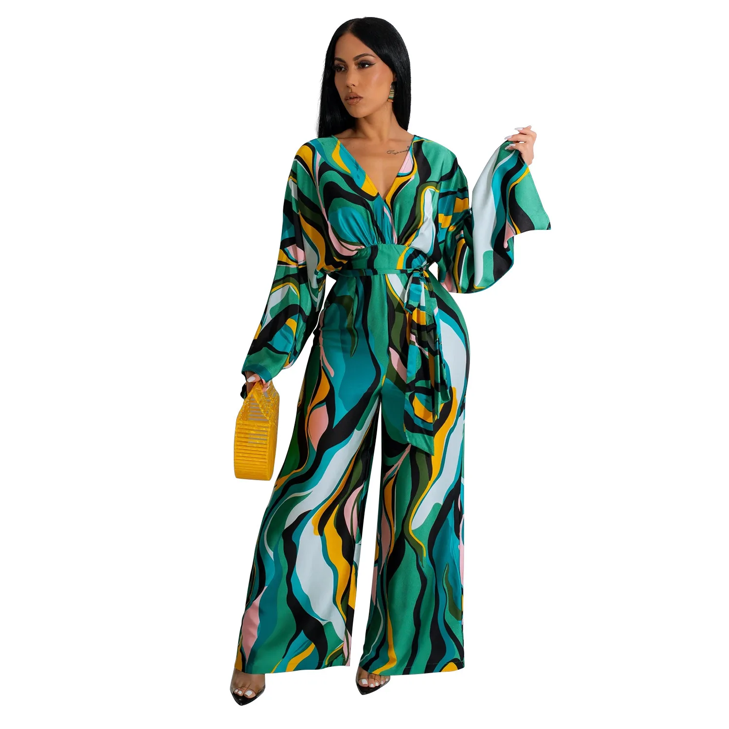 Fashion Women's Casual Printed Lace-Up Long Sleeve Wide Leg Jumpsuit