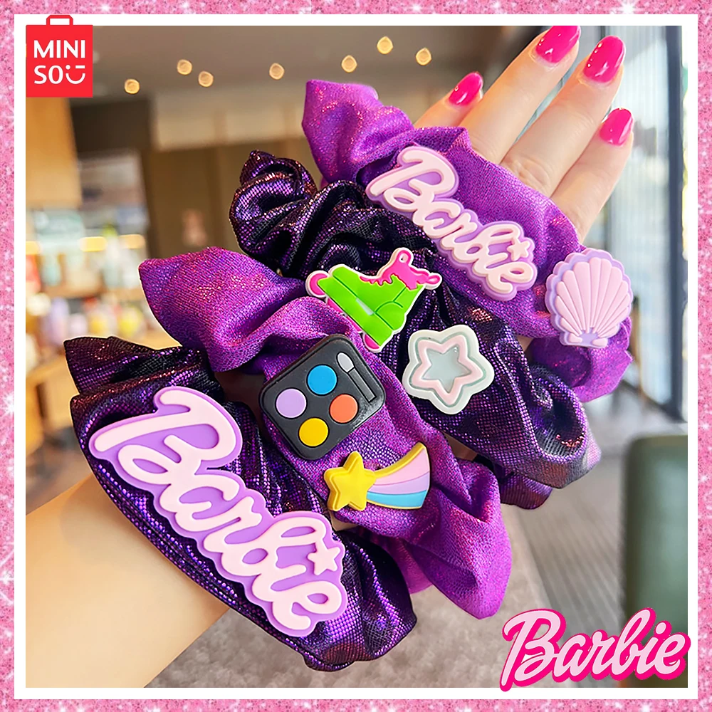 

2024 Miniso Barbie New 4-Pcs Romantic Purple Y2K Girl Cute Shiny Tied Hair Horsetail Ring Hair Ornament Birthday Gift
