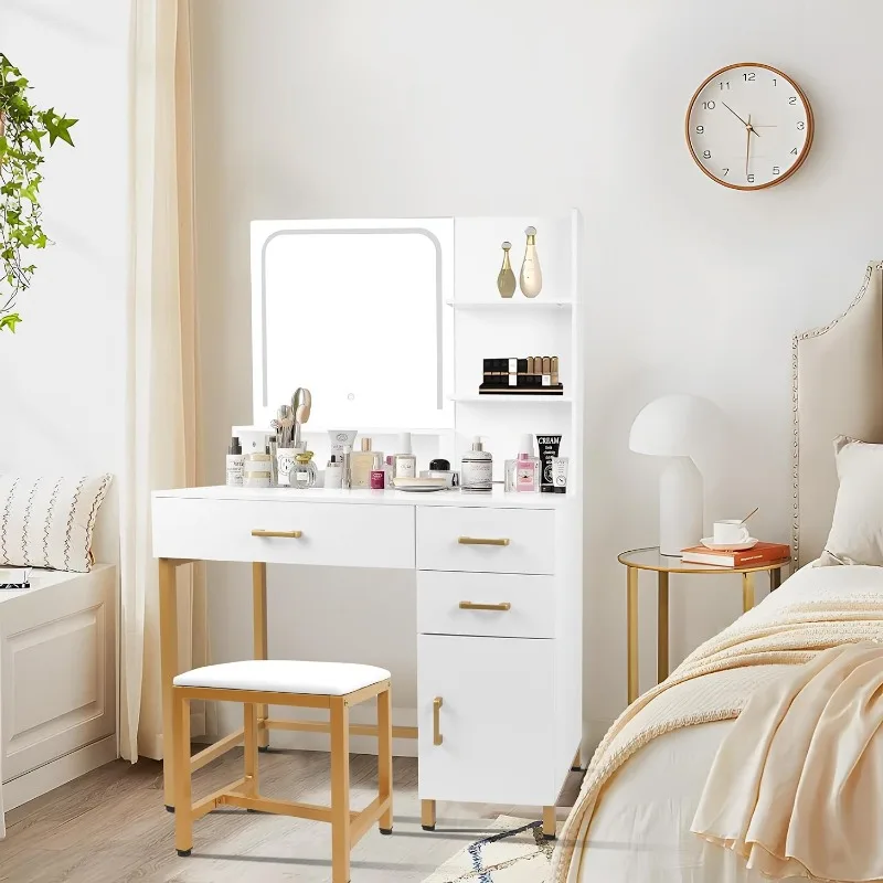 

Vanity Desk with Mirror and Lights and Stool, Makeup Vanity Desk Dressing Table with 3 Drawers, Storage Open Shelves, Side Chest