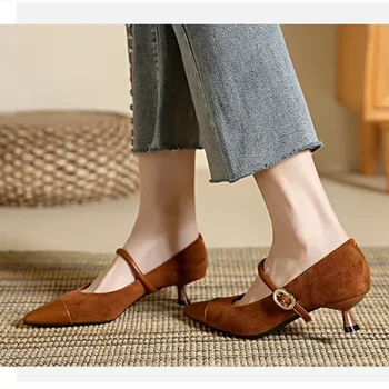 2025 French Sexy Pointed Toe High Heels Women Brown Retro Suede Mary Jane Shoe Elegant Kitten Heel Shoes for Women Evening Heels