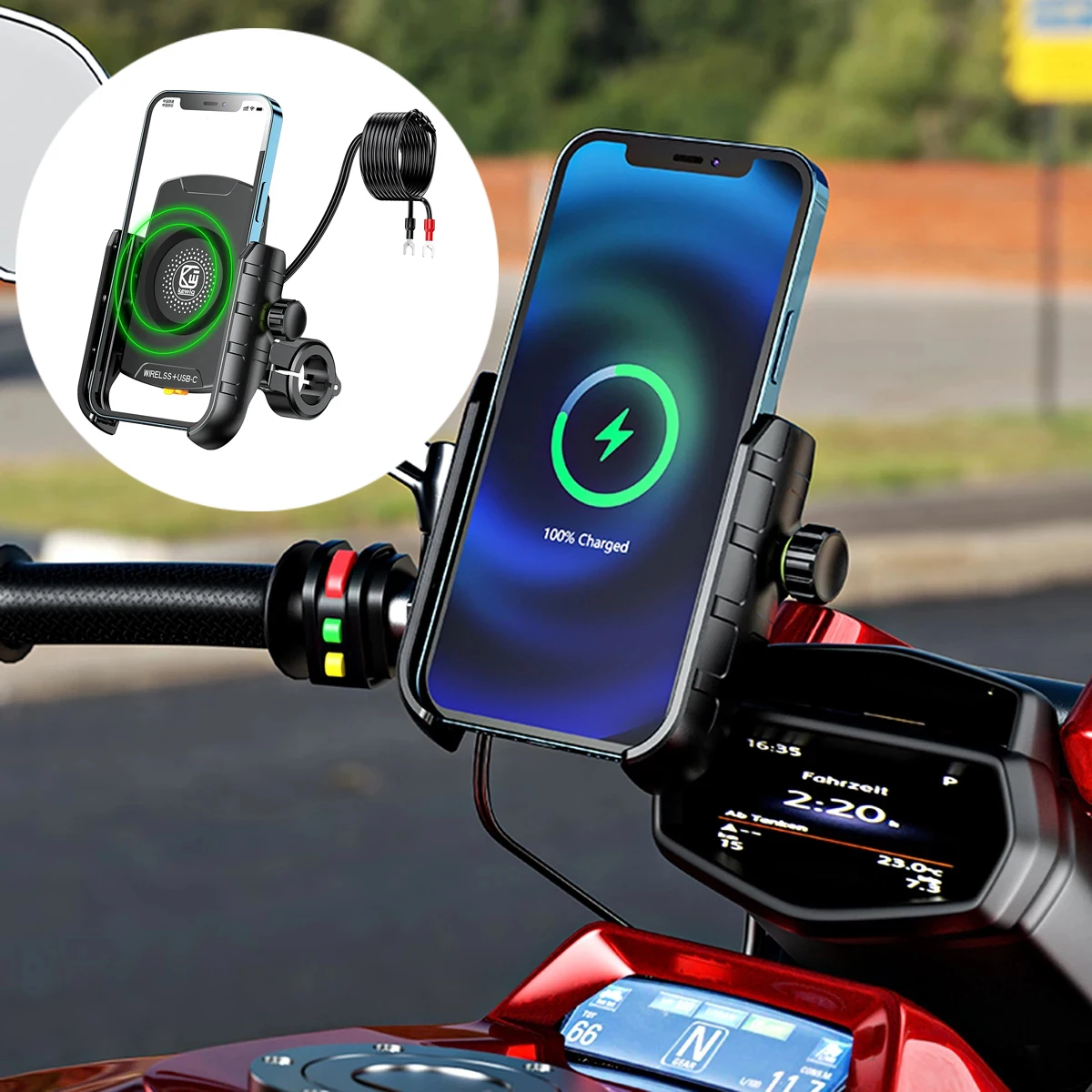 

CLEARANCE！Universal Motorcycle Phone Holder Wireless Charging & QC 3.0 USB-C Cradle GPS Moto Support Cellphone Handlebar Mount