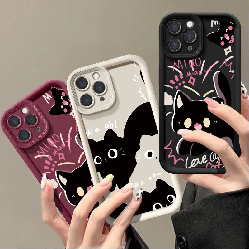Adorable Black Cat Couple Silicone Soft Phone Case - Y2K Cartoon Design