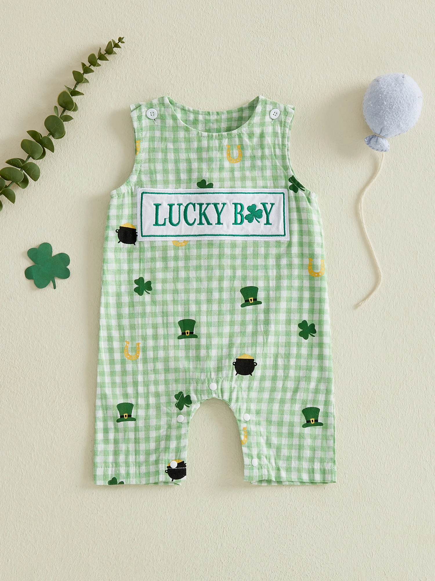 Shamrock Print Baby Boys Rompers with Clover Hat Plaid Buttons and Sleeveless Design - Stylish Infant Bodysuits Overalls from