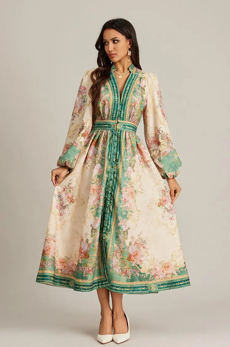 

Long Vintage Fashion Printing V Neck Long Sleeve Sexy Printing Bodycon Female Dress Cardigan
