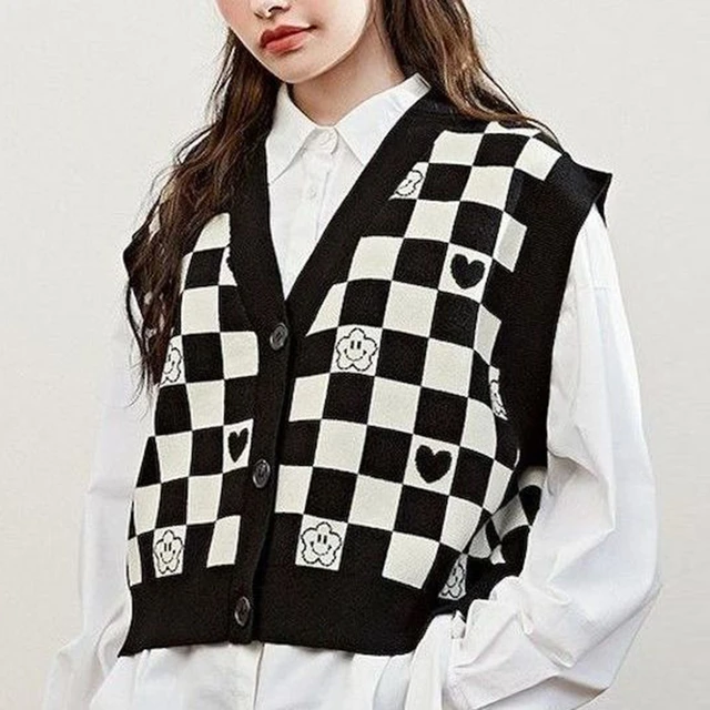  Sweater Vest Female Checkered Plaid Elegant British