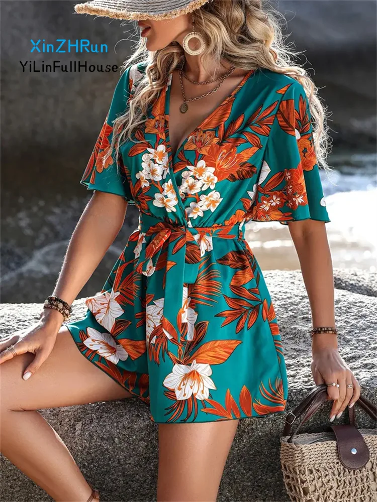 2024 Summer New Women Fashion Loose V-neck Lotus Leaf 3/4 Sleeve Lace Up Jumpsuit High Waist Beach Vacation Style 3/4 Pant Dress