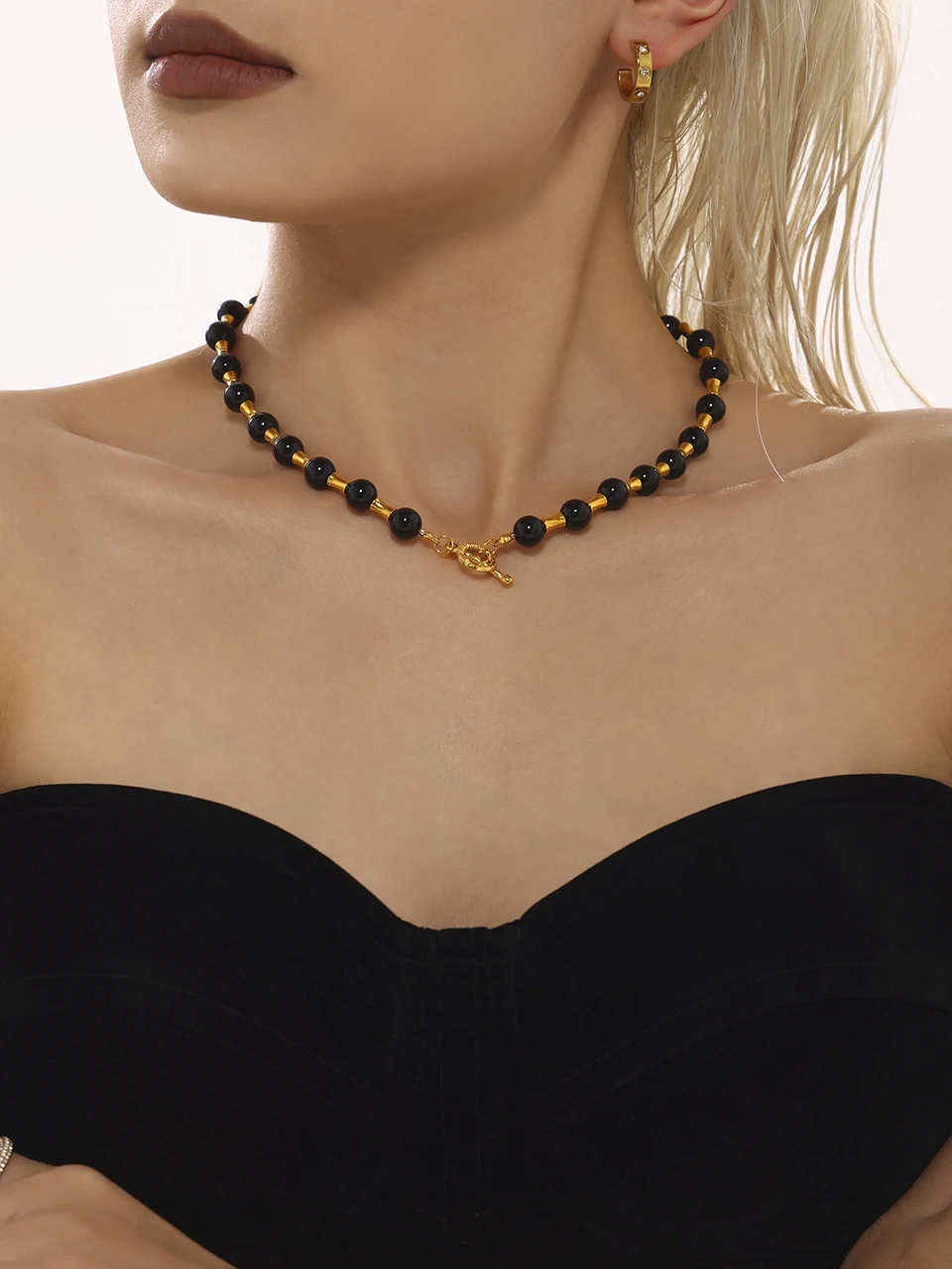 Vintage Damen-Halskette mit Natursteinperlen aus Edelstahl, 18 Karat vergoldet, OT-Schnalle, Kragenkette, kurze Halsketten für Frauen – Detail 11