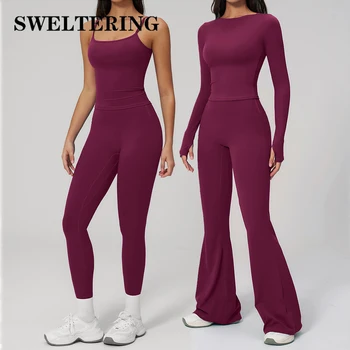 2PCS Women Tracksuits Yoga Suit Sport Outfits Gym Clothes Breathable Long Sleeve Flared Pants Athletic Wear Female Yoga Clothing 1