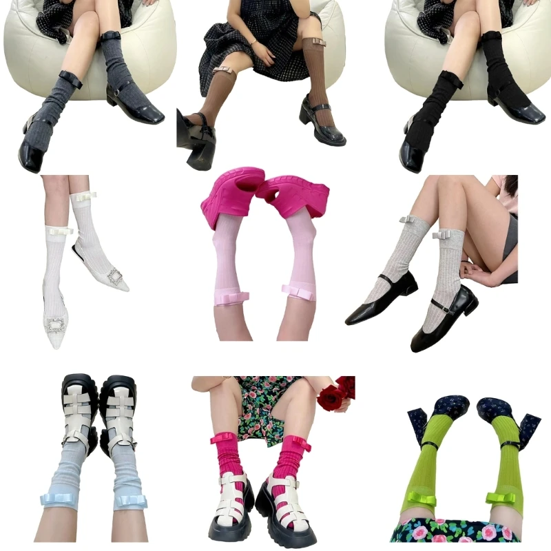 

Womens Bowknot Knee High Socks Black White Solid Color Calf Sock Stockings