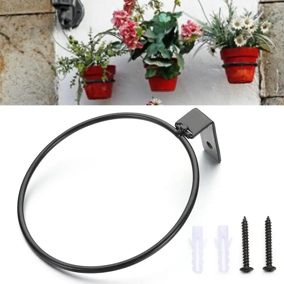 5 Portavasi Da Parete In Metallo Con Anello 10cm - Staffe Per Fiori Per Balcone, Giardino E Casa, Con Viti E Tasselli, Colore Nero
