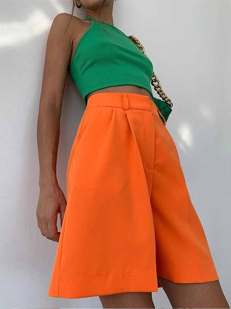 Pantalones cortos para mujer, color naranja, de cintura alta, informales, para oficina, 2022| | -