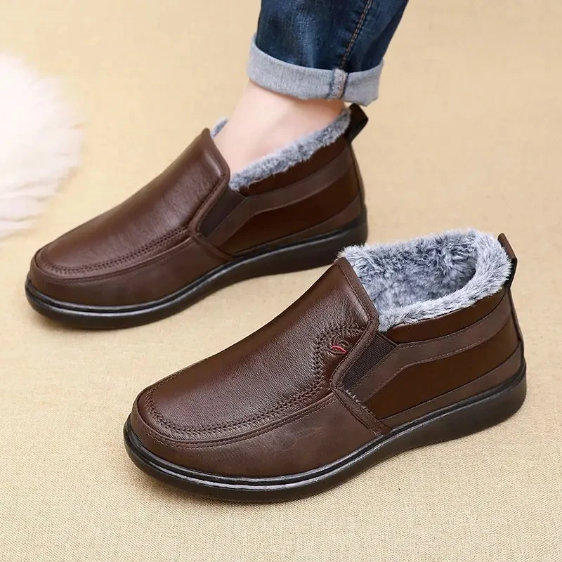 Man Shoes Winter Snow Boots Faux Leather Fur Lined Shoes Elder Men's Flat Ankle Plush Boots Mid Top Waterproof Shoe
