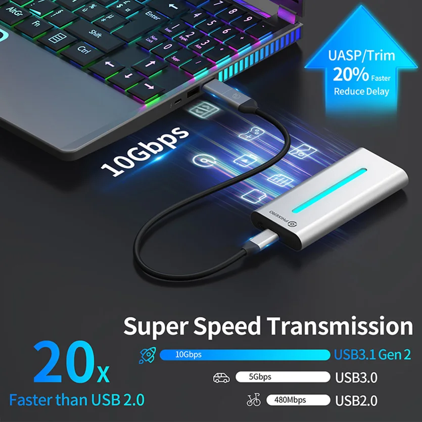 PHIXERO Ż SSD M2 NVMe RGB Ŀ M.2 Nvme 10Gbps  ϵ ̺ ̽ UASP M-Ű-USB 3.1 GEN2 Type-C Ŭ HD ũ