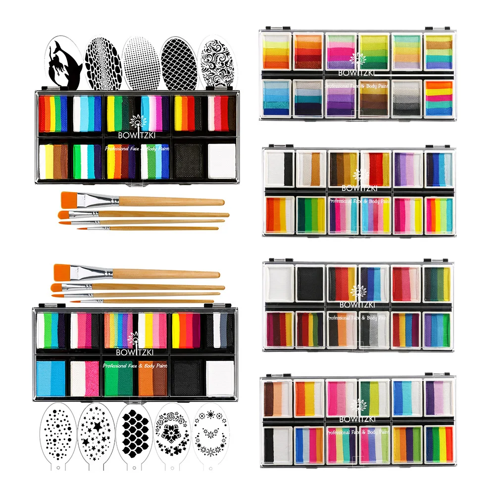 Bowitzki Face Paint 12x10gm Professional Body Paint Kit For Kids Adults Stencil One Stroke Split Cake Rainbow Makeup