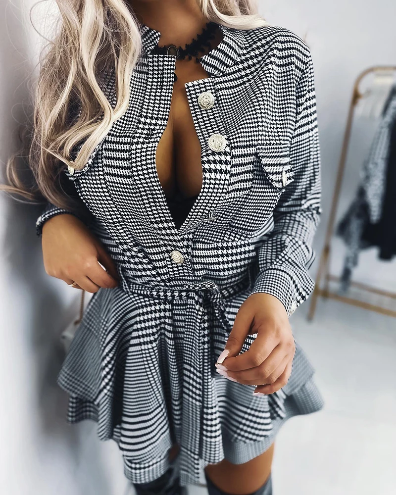 

Autumn Winter Women Houndstooth Print Pocket Design Romper Female Party Wear Slim Fit Long Sleeve Jumpsuit Elegant