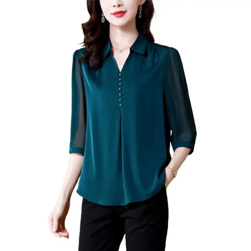 Women Vintage Elegant Chiffon Blouse Spring Summer Gauze 3/4 Sleeve V-Neck Fashion Loose Solid Button Female Casual Shirt 2022