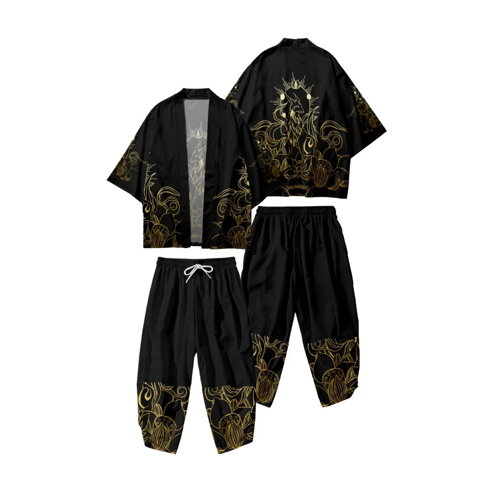 

Chinese Cartoon Lotus Printed Black Kimono Cropped Pants Set Women Men Japanese Haori Asian Streetwear Cardigan Yukata Cosplay