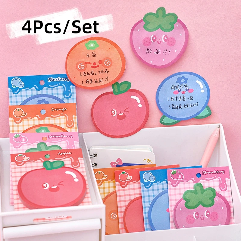 

4Pcs/Lot Cute Cartoon Fruit Sticker Memo Pad Message Sticky Notes Kawaii Orange Strawberry Apple Shape School Office Stationery