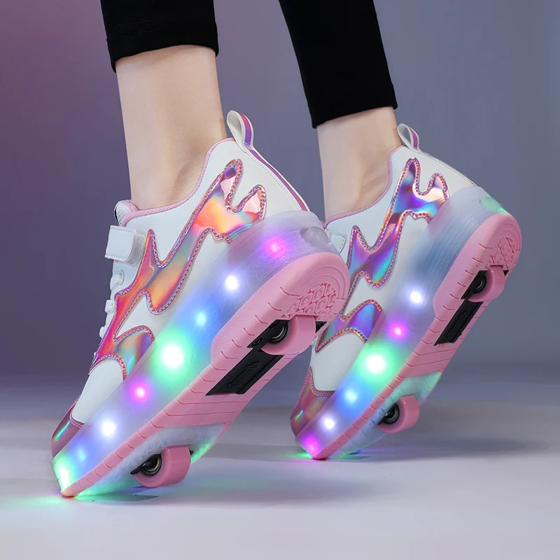 Kids LED usb charging roller shoes glowing light up luminous sneakers with wheels kids rollers skate shoes for boy girls