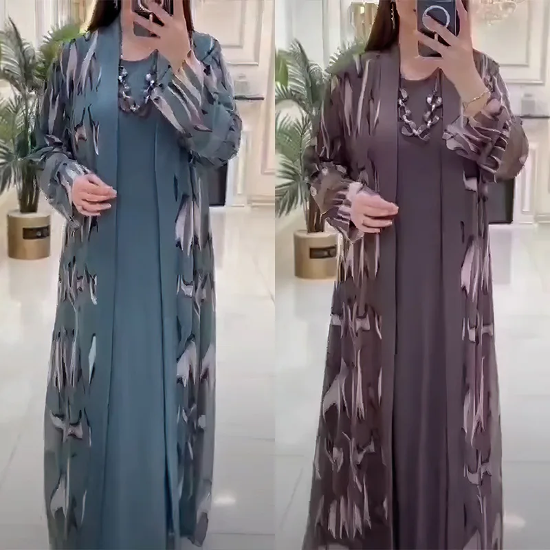 Muslim Dress Set Hot Selling Women's Digital Printed Cardigan Robe Clothing Two Piece Set Dubai Ramadan Gurban Abaya Clothing