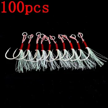 20/100pcs Slow Jigging Fishing Cast Jigs Assist Hook Barbed Single Jig Hooks Thread Feather Pesca High Carbon Steel Fishing Lure