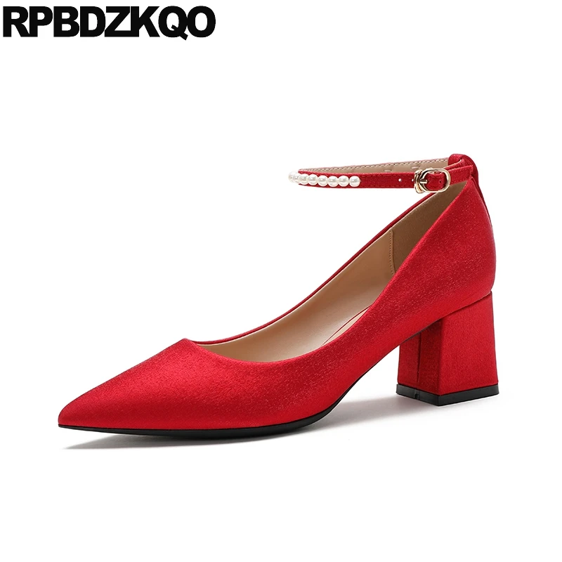 

Women Block Pointy Toe Bride Plus Size Silk China Medium Heel Satin 33 Ankle Strap Beaded Wide Fit 43 Shoes 42 Pearl Pumps Small