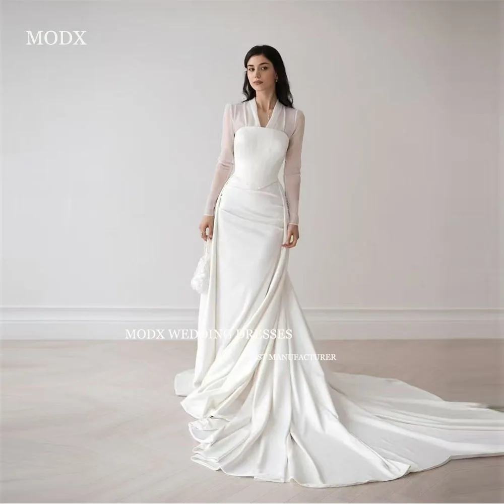 MODX Mermaid Wedding Dress A-Line V-Neck Long Sleeve Detachable Hem Sweep Train Bridal Gowns Customized