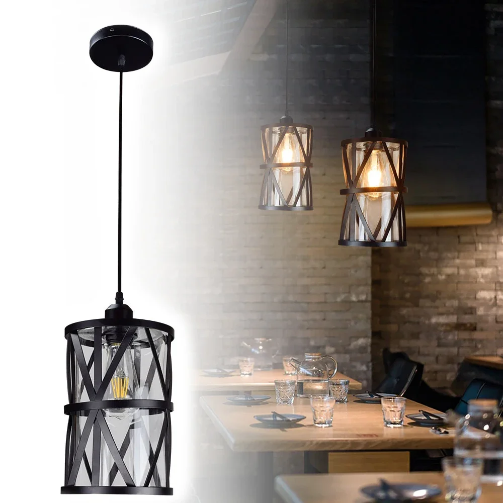 

Industrial Pendant Light Ceiling Fixture Chandelier Clear Glass Shade for Kitchen Restaurant Bedroom E26 Base Black