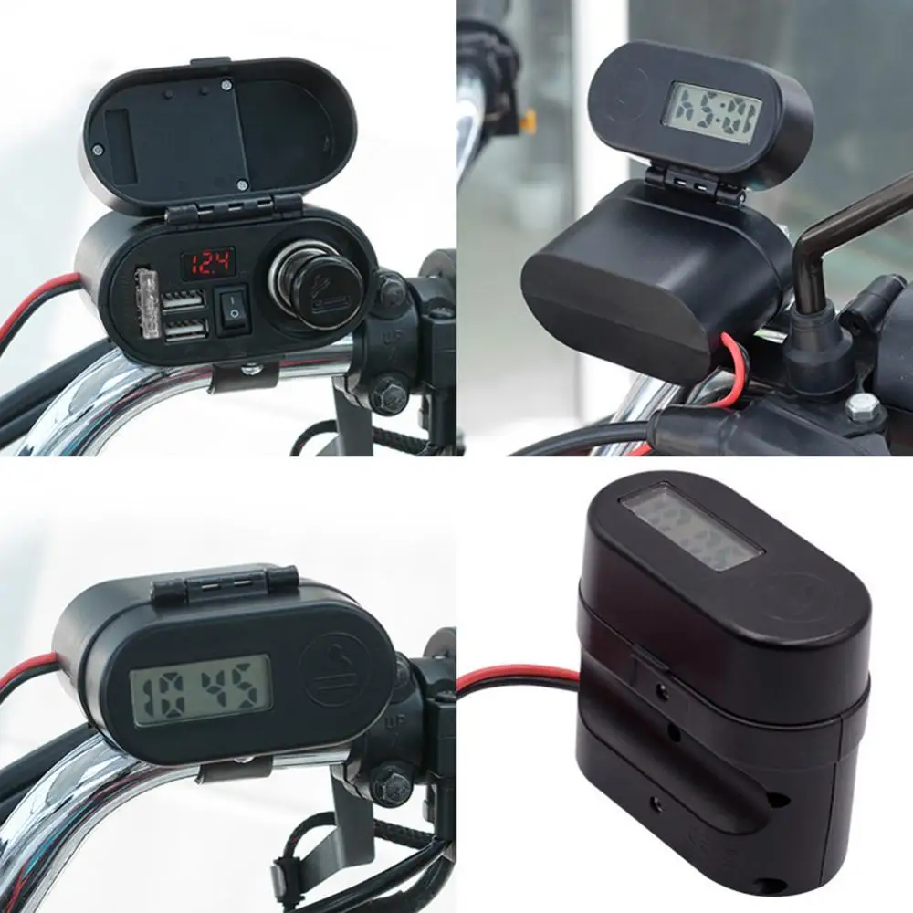 

Motorcycle 12V Dual USB Quick Charger Handlebar Rearview Mirror mount Cigarette- Lighter Voltmeter Digital Clock for smartphone