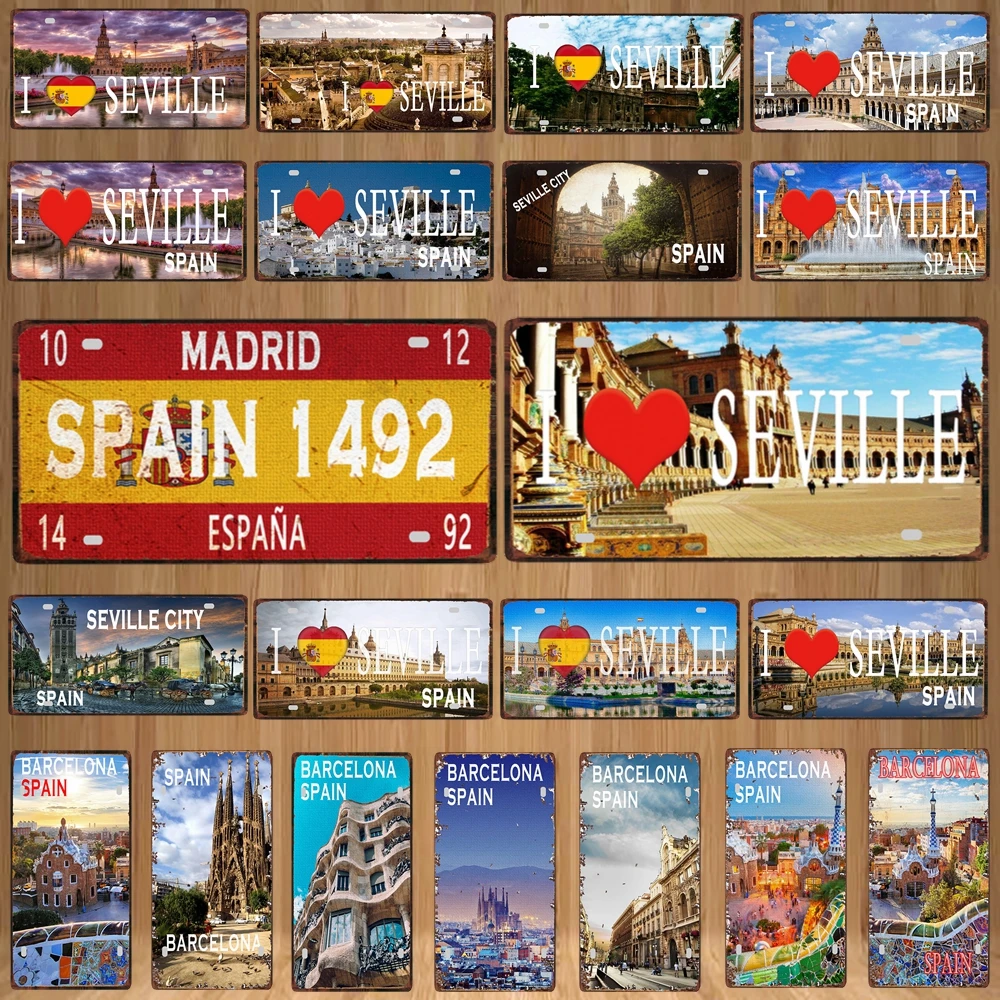 

Spain City Seville Vintage Metal Sign Barcelona Travel Souvenir Wall Bar Home Shop Decor Plaques Poster