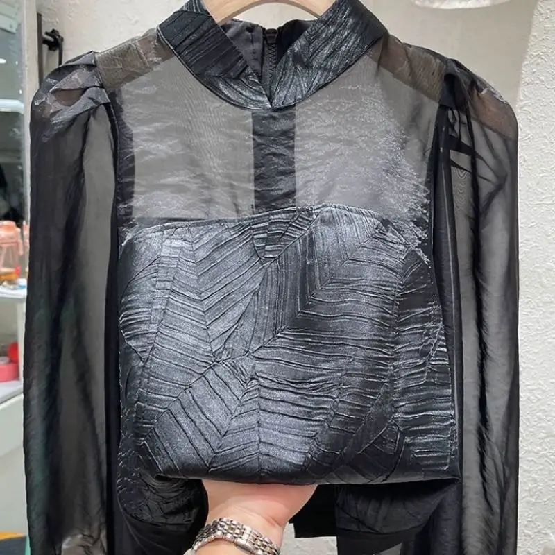 

High-end European 2023 Autumn New Fashion Chinese Style Pleated Splice Folds Shirt Blouse Long Sleeve Standing Neck Top Female