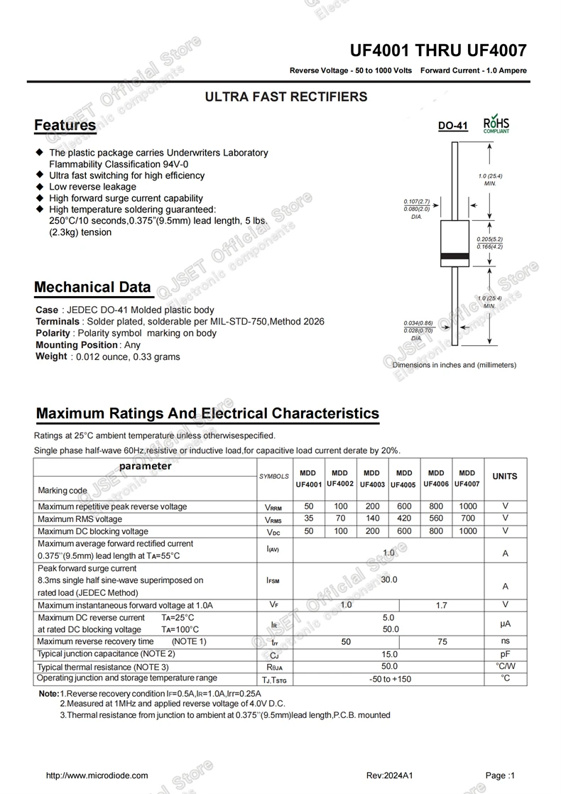20 Stück Dioden UF4004 UF4007 UF5404 UF5408 1A 3A 400V 1000V 1kV DO-41 DO-27 DIP Ultra-Fast Recovery Gleichrichterdioden UF4007 UF5408 – Detail 3
